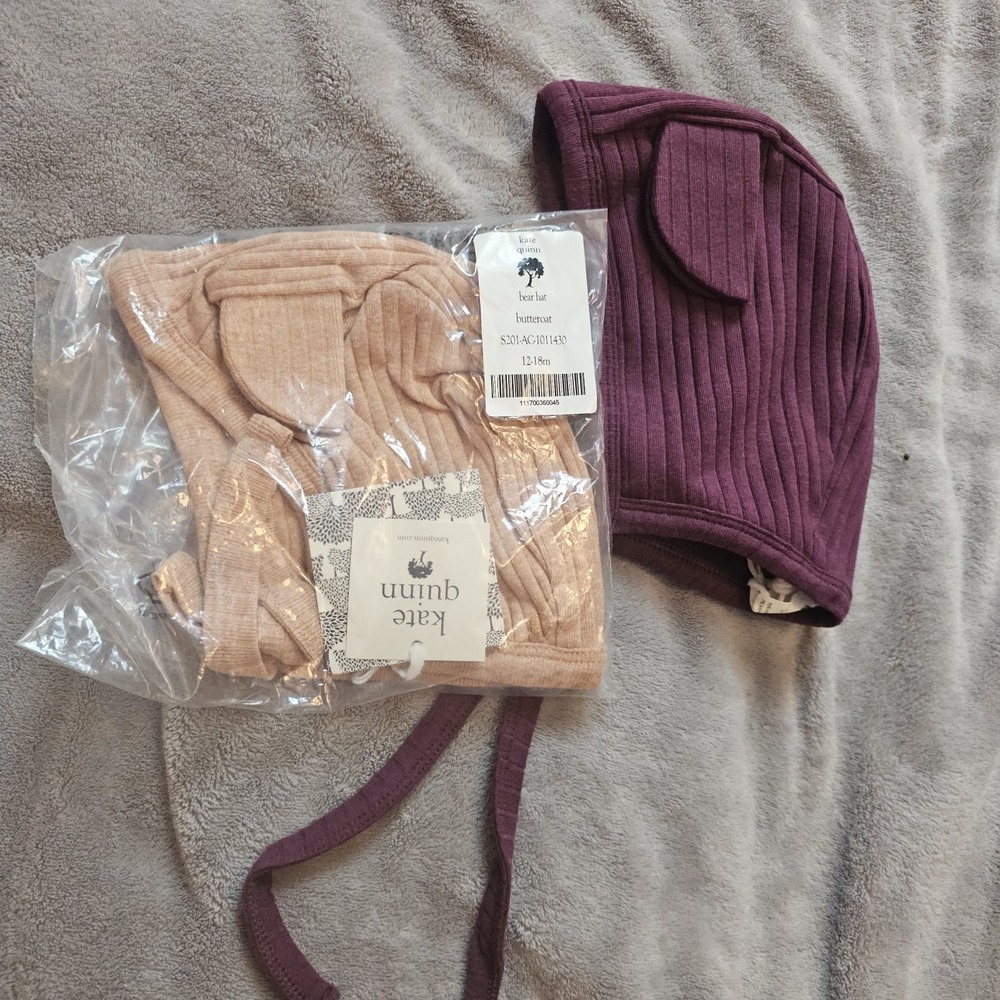 NWT Kate Quinn Set‎ Of 2 12-18Mo Bear Hat Baby Beanie 100%Organic Cotton Unisex